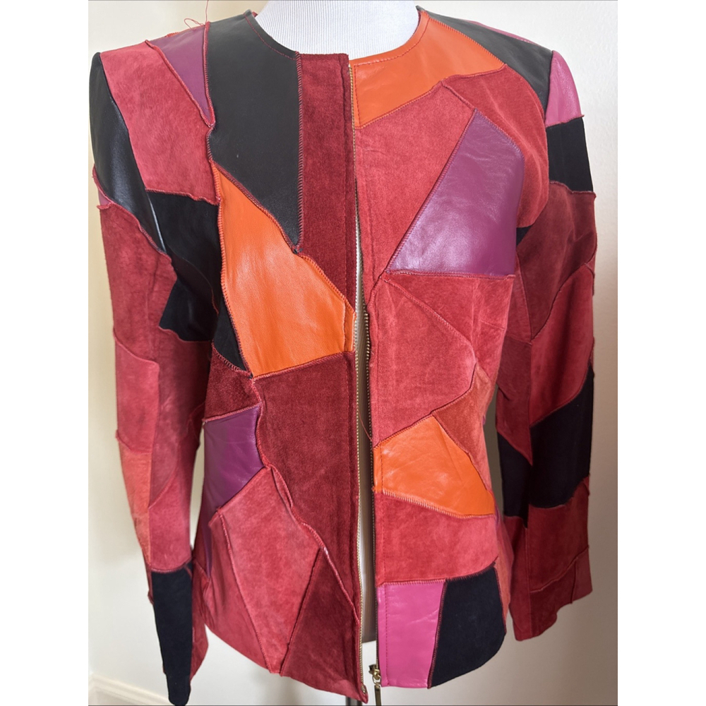 Margaret Godfrey Red Leather Suede Patchwork Jacket Size 8 Vintage